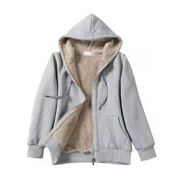 MAWCLOS Women Fluffy Fuzzy Fleece Coat Winter Warm Drawstring Hoodies Light  Grey M 