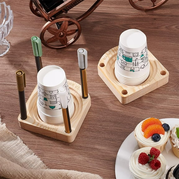 2pcs Cup Holder with Marker Slot Wooden Cup Organizer Plastic/Paper Cup Dispenser Cup Stand Wood Party Stand for Party Bathroom Kitchen Showers Events Picnic Gathering Countertop