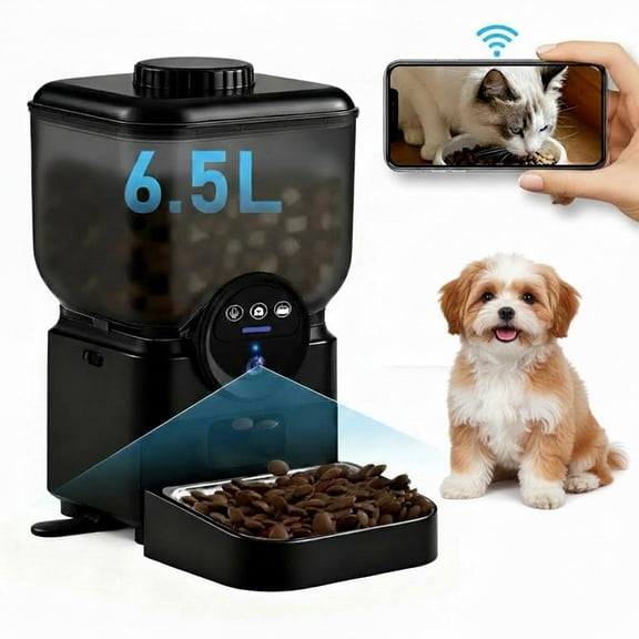 JOVELL 6.5L Automatic Cat Feeder with 1080P HD Camera, 2.4GHz WiFi Smart Pet Feeder, App Control & Two-Way Audio Dog Food Dispenser, Black