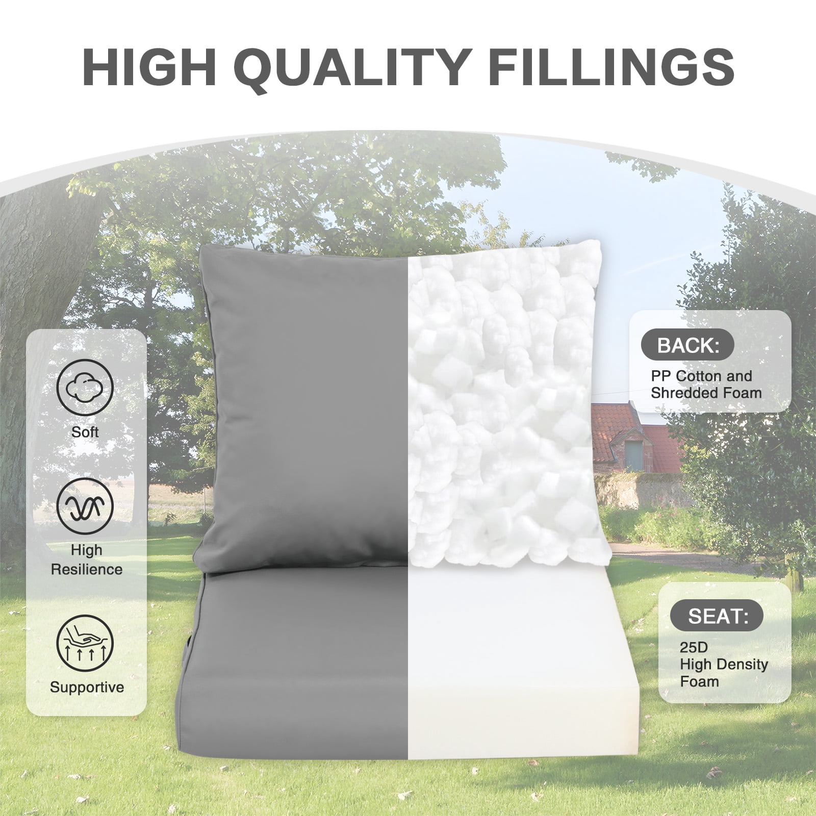 Aoodor Outdoor Chair Cushions Set, 23"x26", Water Resistant Outdoor Deep Seat Cushions with Handle & Adjustable Straps, Gray