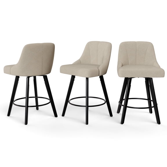 Betisef Swivel Bar Stools Set of 3, Counter Height Bar Stools with Back, Linen Fabric Upholstered Kitchen Island Stools, 360° Swivel, Rubberwood Legs, Thick Cushion Seat, for Dining Room Beige