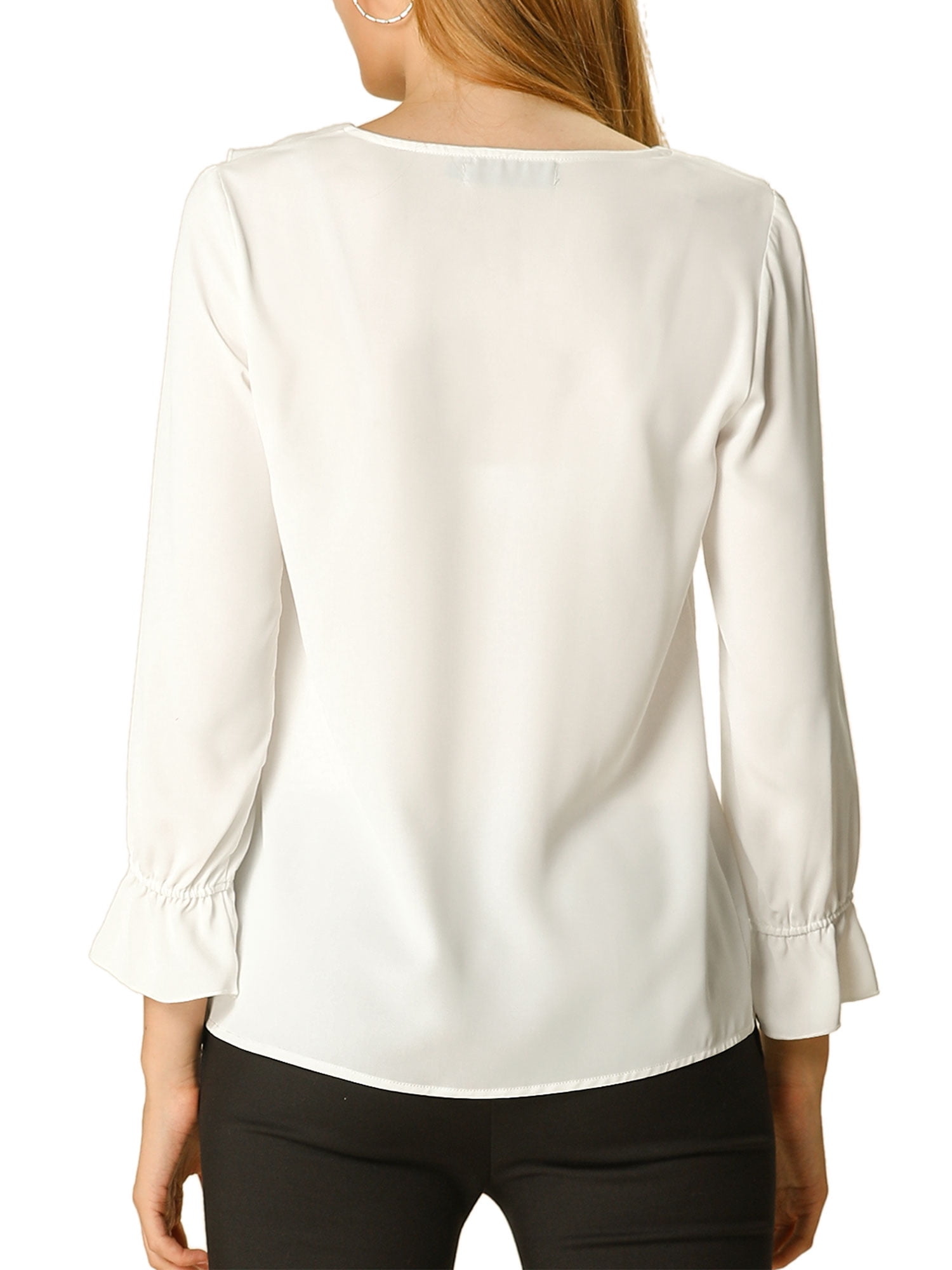 DARING DIVA Women's Ruffle V Neck Chiffon Peasant Blouse L White