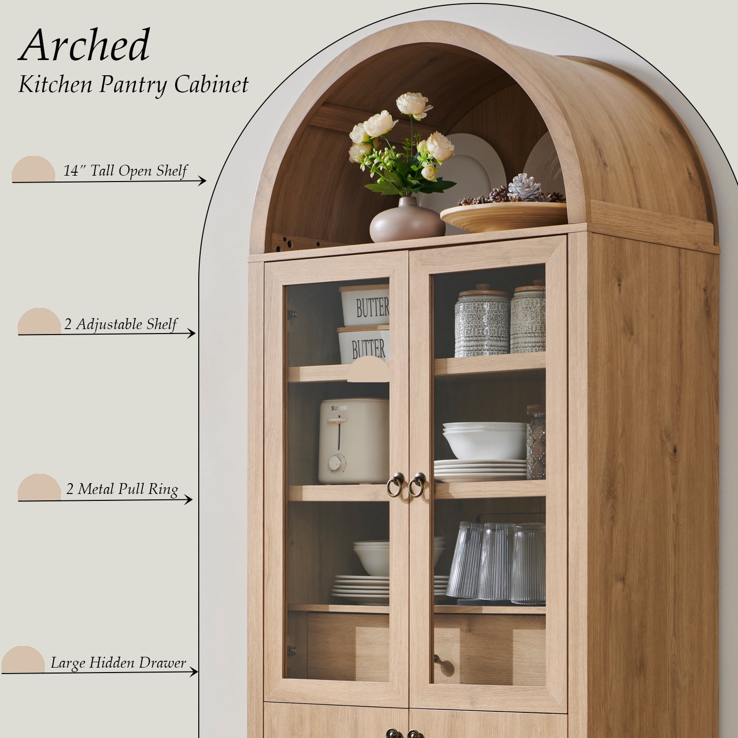 SinCiDo Arched Kitchen Pantry Storage Cabinet 71 Tall Wood Pantry Shelves with 2 Doors 2 Large Drawers for Dining Room Living Room
