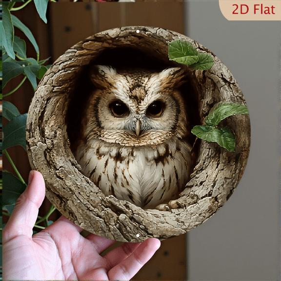Owl in the tree hole Decor, 8" Round Aluminum Wall Art Sign, Metal Signs, Wall Decor For Kitchen, Door, Bedroom Decor, Best Gifts For Room, Home Decor, Weird Decor, 2D Flat