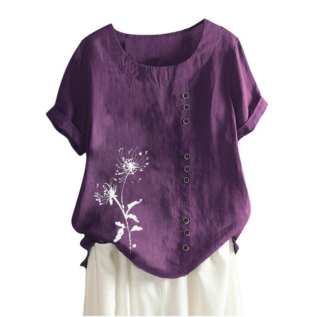 Cameland Hauts pour Femmes Col Rond Manches Courtes Imprimé Floral Chemise Ample