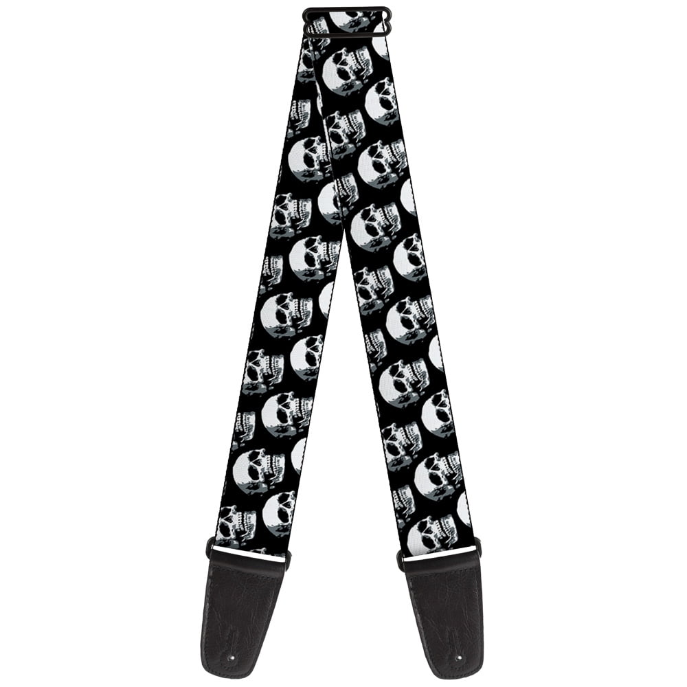 Buckle-Down Guitar Strap, 3D Skulls Repeat Black Grays White, 2 Inches Wide