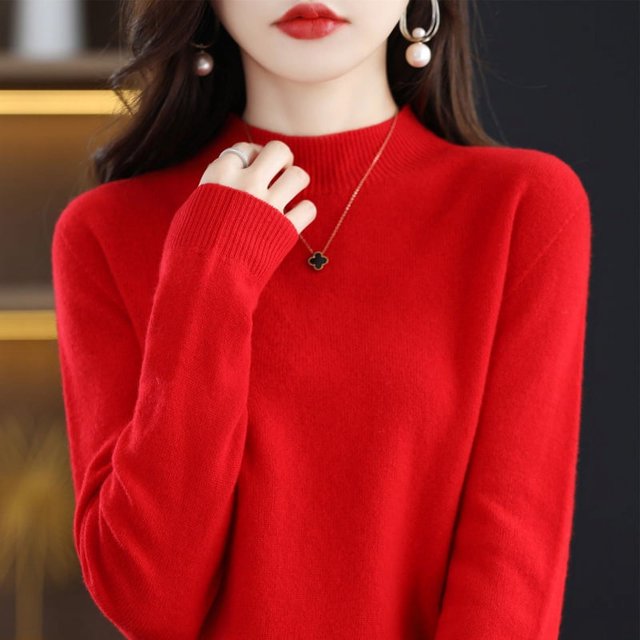 Suéter de cuello alto de media lana pura de primera línea, jersey de color sólido para mujer, camisa de punto que combina con todo