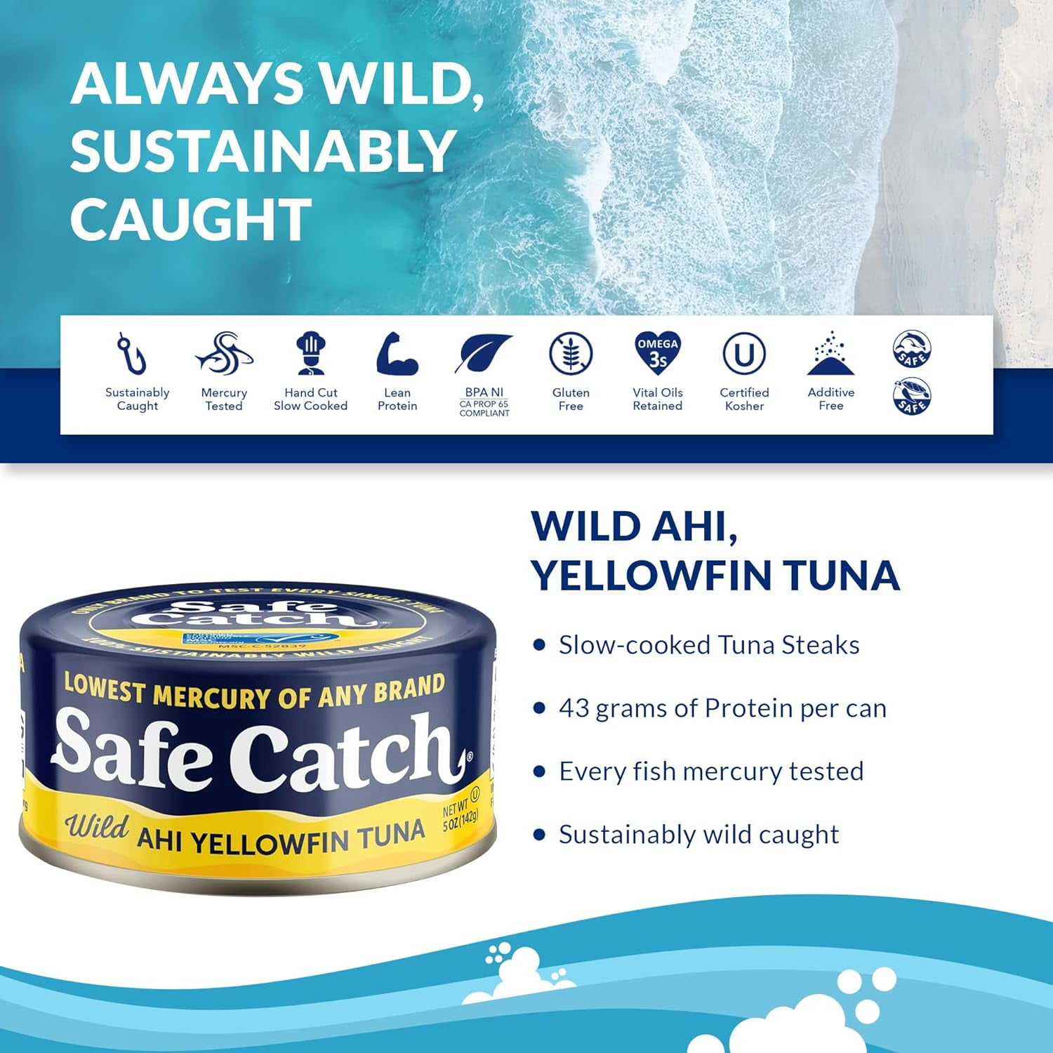 Safe Catch Wild Ahi Yellowfin Tuna, 3 Pack, 5 oz Cans – Low-Mercury, High-Protein Canned Tuna