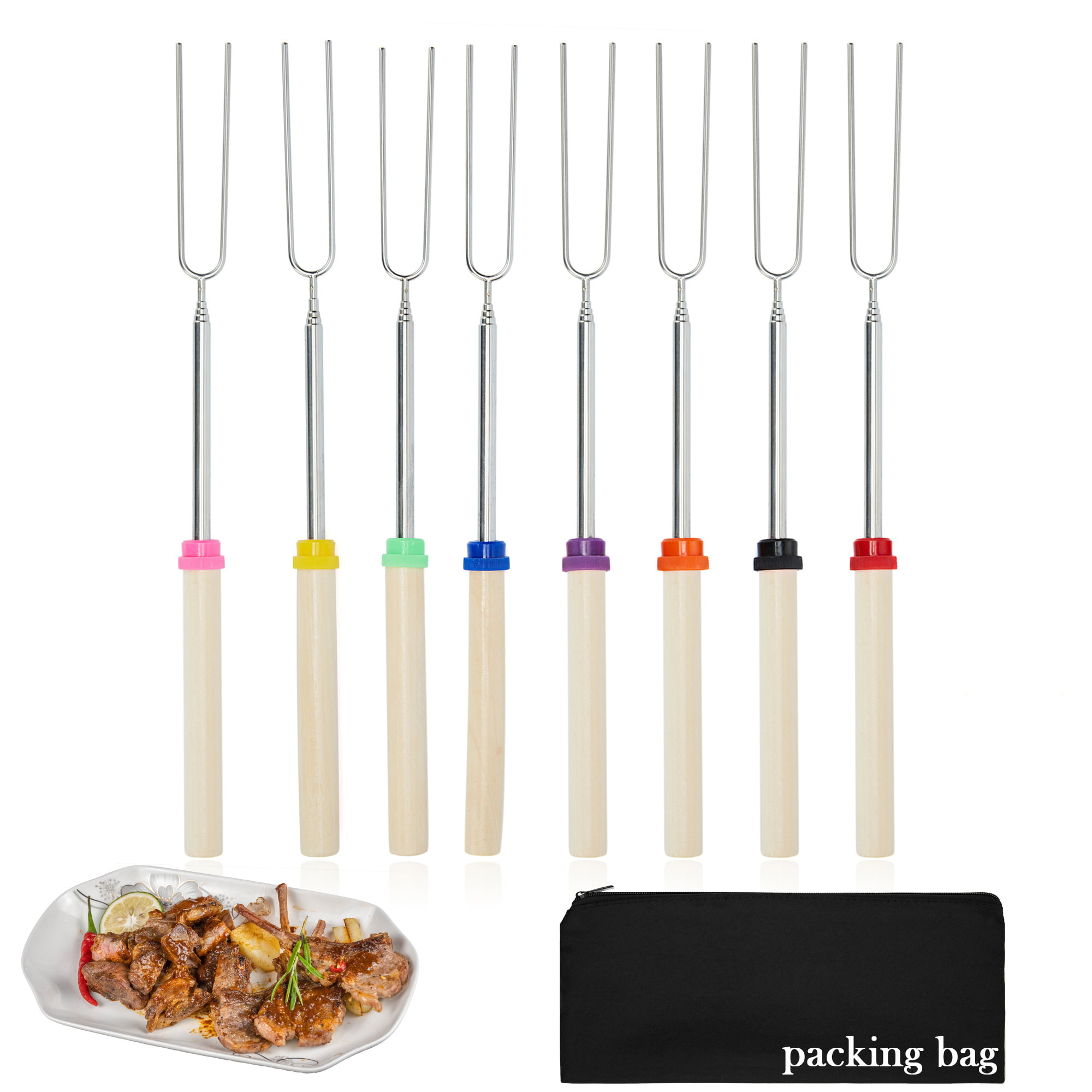 32-inch Stainless Steel Barbecue Forks Sticks with Wooden Handle Roasting Sticks for Campfire Camping Set of 8 Newthinking Extendable Marshmallow Roasting Sticks Fire Pits 