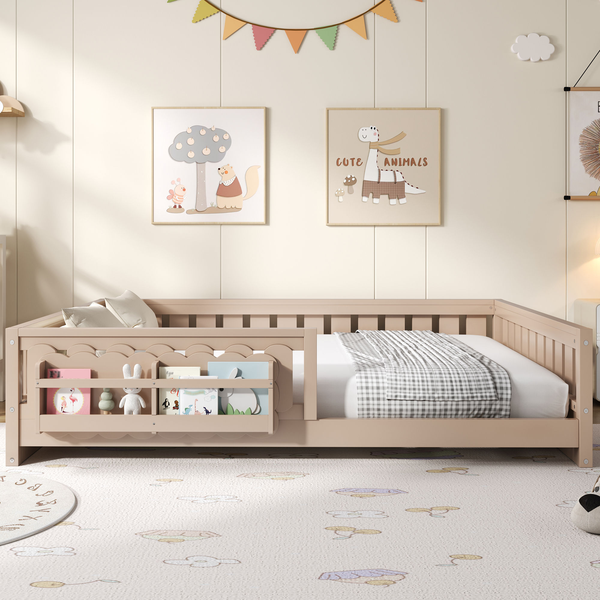 Euroco Wood Full Size Platform Bed with Shelves, Floor Bed with Guardrails, Natural