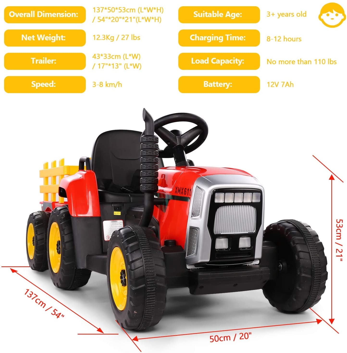  Hikole Tractor eléctrico para niños, tractor 2 en 1 con  remolque y control remoto, 11 faros LED, reproductor de música, cinturón de  seguridad, neumáticos con pisadas, regalo para niños pequeños de