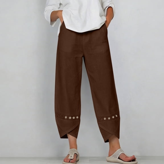 Cagogo Womens Wide Leg Capri Pants Summer Casual Elastic Waist High Waisted Flowy Cotton Linen Trousers for Beach Vacation Work Plus Size Pockets Boho Clothes, Brown M