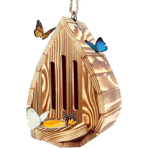 Houses, Butterfly House for Outside, Teardrop-Shaped Wooden Butterfly Habitat & Feeder, Hangable Wooden Habitat, Outdoor Butterflies Shelter, Weatherproof Garden Yard Decor, Easy to Clean