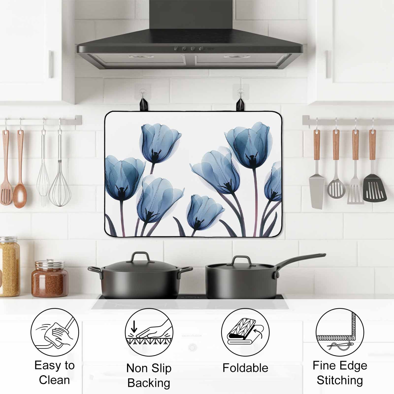 Blue Tulip Stove Top Cover for Electric Stove, Heat-proof & Non Slip Glass Top Stove Cover Protector, Spring Pastoral Flower Watercolor White Kitchen Flat Cooktop Rubber Mat 36x21 Inches