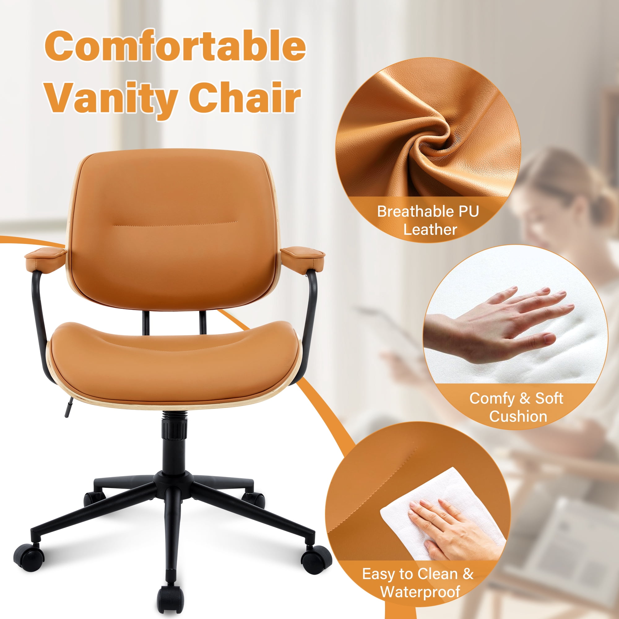Mid Century Modern Home Office Chair, Adjustable Height Desk Chair with Wheel & Walnut Back, Swivel Rolling Task Chair for Home, Office, Reading Room, Orange