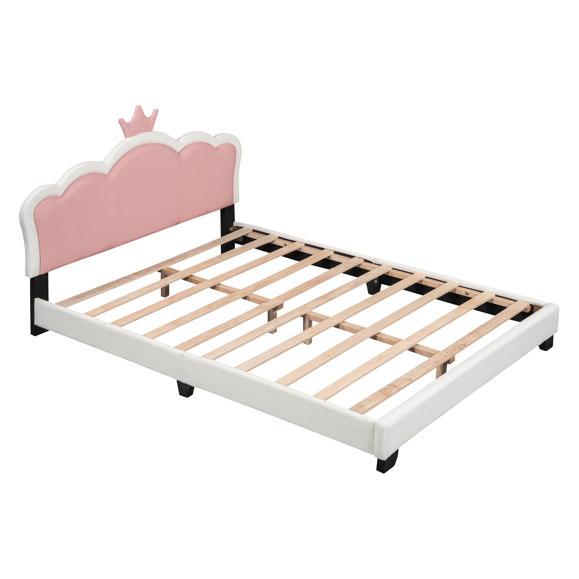 Aukfa Upholstered Platform Bed with Princess Crown Headboard, PU Full Size Bed Frame for Kids - Pink