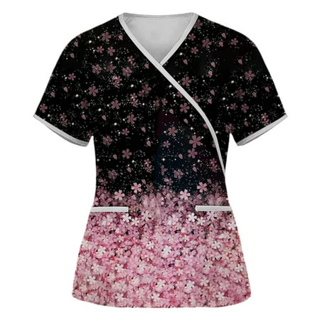 

UDAXB Womens Nursing Scrub Tops Valentine s Day Love Heart Printed Working Uniform Short Sleeve V-Neck Workwear Blouse T-shirt with Pockets