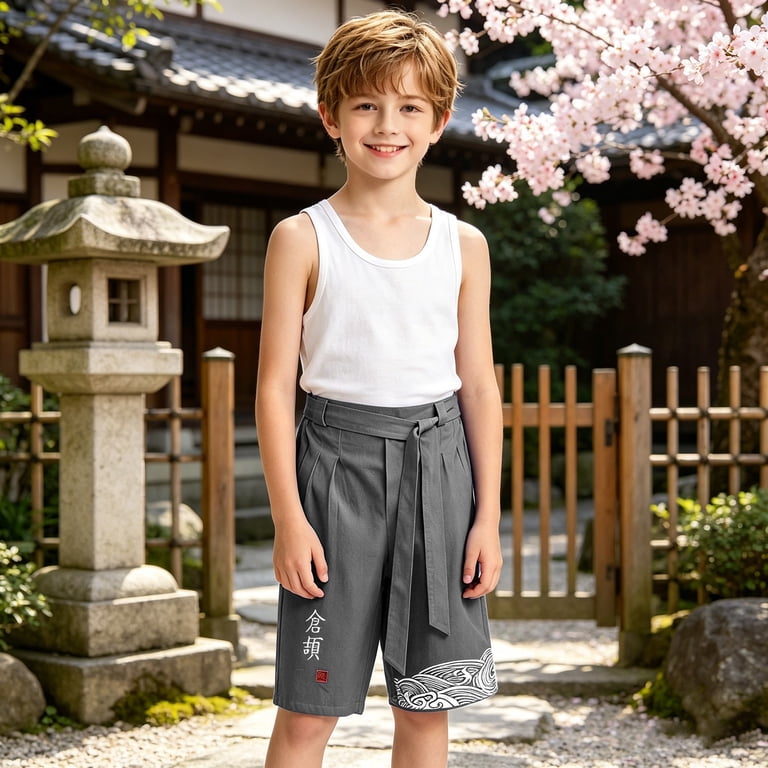 XXWXYD Boys Japanese Kimon𝗈 Linen Capr𝗂 Kids Traditional Beach