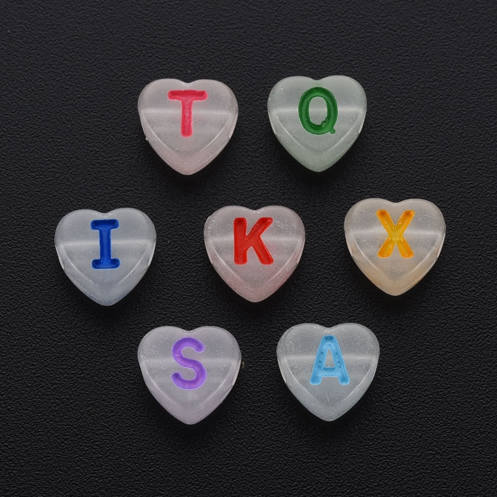 500gs Luminous Acrylic Beads Horizontal Hole Heart with Random Letters Mixed color 7x7x4mm Hole: 1.6mm about 3600pcs/500g