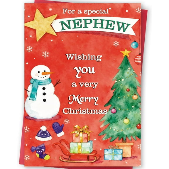 Merry Christmas Card for Nephew – Festive Snowman and Christmas Tree Design – Ideal Holiday Greeting with Envelope Included