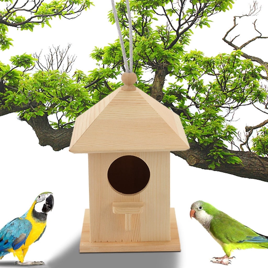 Bird Feeder Outdoor Solid Wood Bird House Garden Bird Feeder Idyllic Style Bird House 1Pcs for Outdoors Hanging