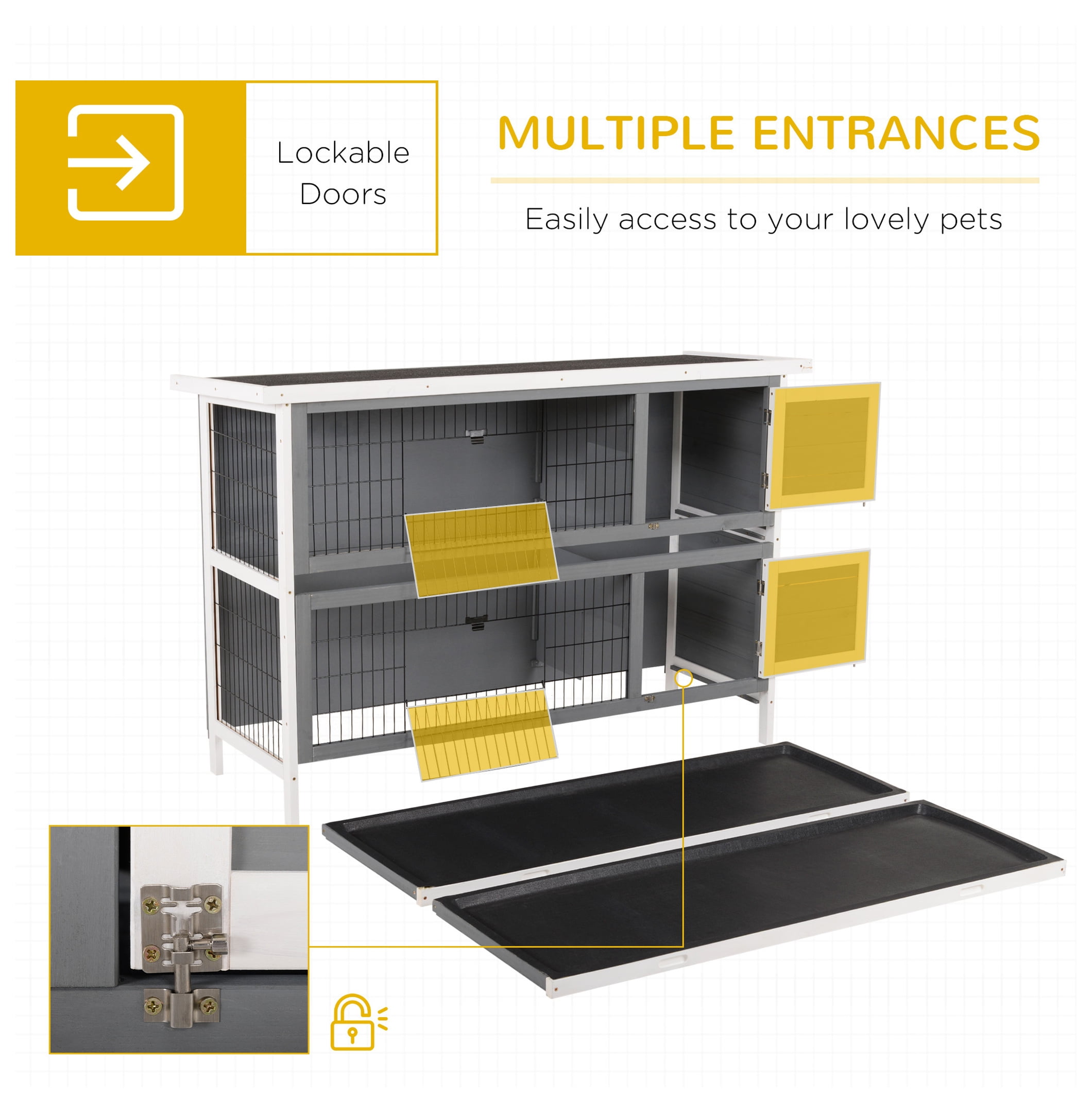 Rabbit Hutch 54" 2-Story Wooden Bunny Cage - Lockable Doors, Waterproof Roof - Outdoor/Indoor Pet House - Dark Grey