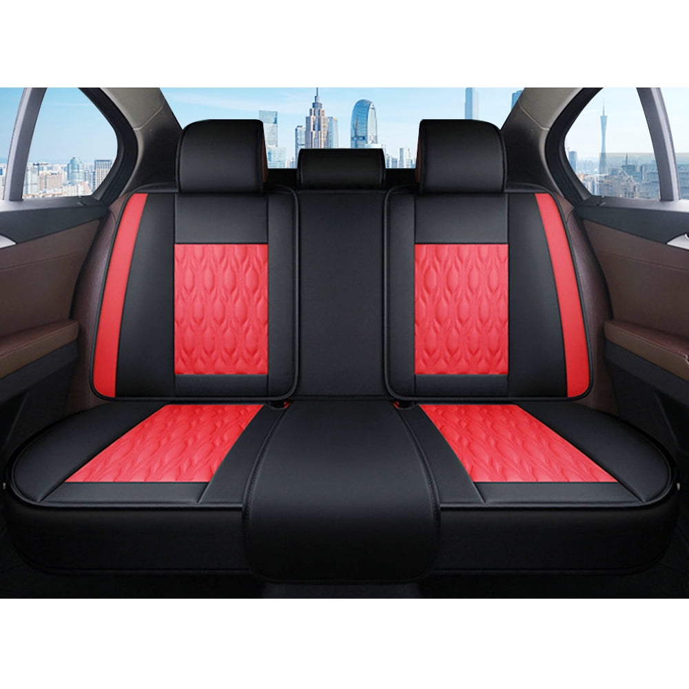 Maidao Car Seat Covers Set,5 Seats Breathable Faux Leather Seat Protectors Full Set, Universal Auto Seat Protectors Cushions, Auto Interiors Fit Most Cars SUV Trucks Black and Red