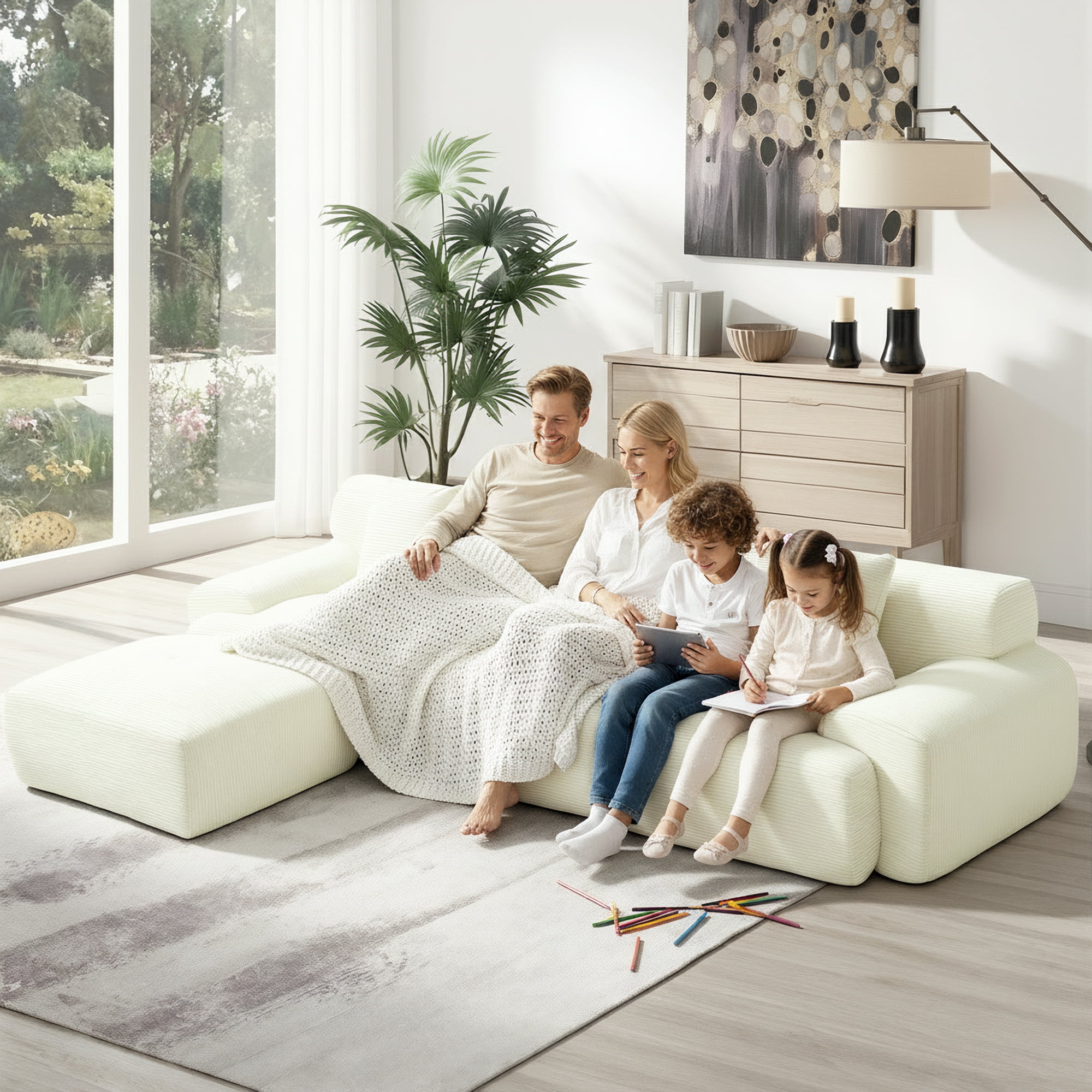 GAOHAPY 107"Modern L Shaped Modular Sectional Sofa, Oversized Corduroy Couch Deep Seat, Boneless Cloud Couch with Ottoman, 30D Sponge for Indoor Living Room, No Assembly Required(Beige)