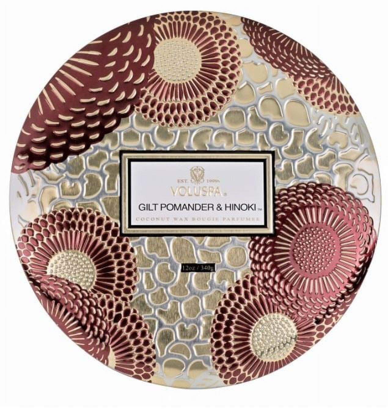 Voluspa 271588 12 oz 3 Wick Decorative Tin Candle - Gilt Pomander & Hinoki