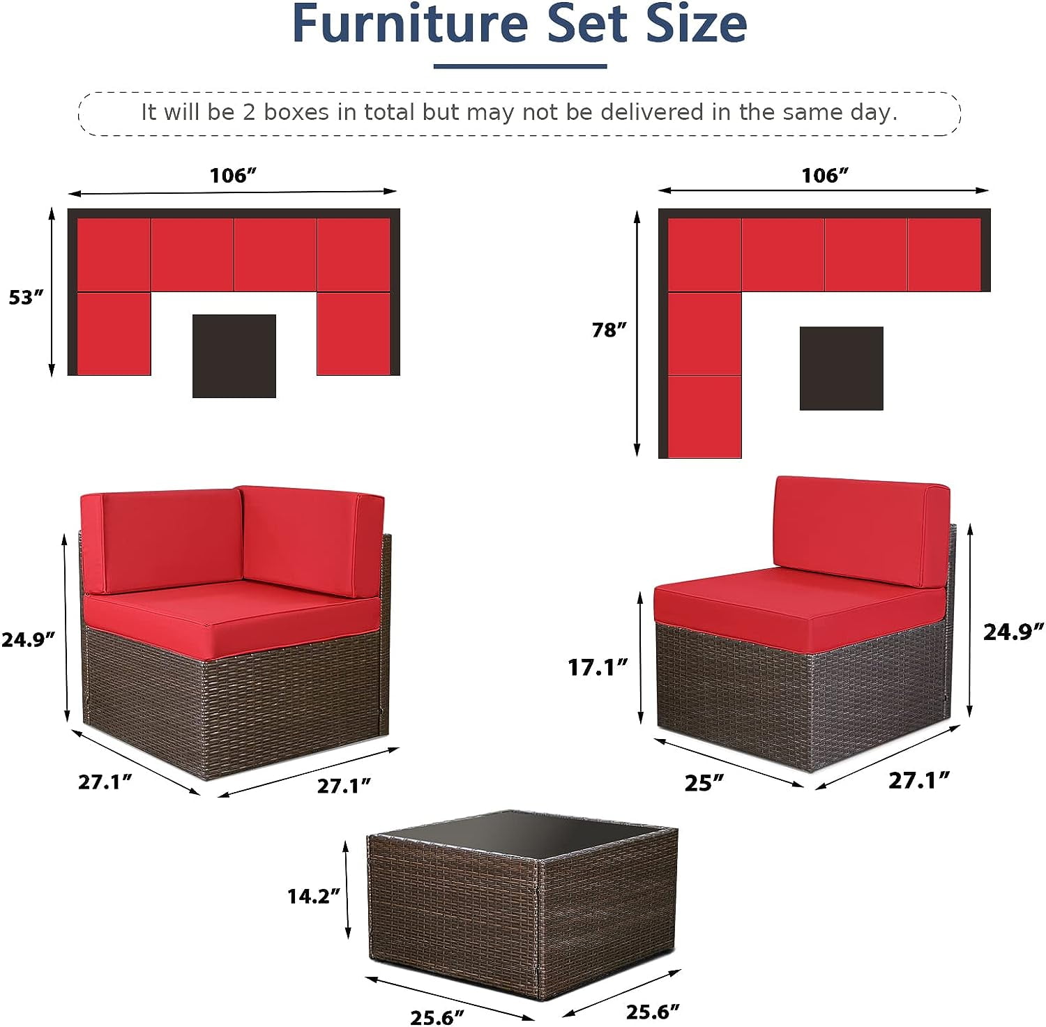 Danrelax 7 Pc Outdoor Patio Sectional Set, Red and Black Red Steel with Cushions