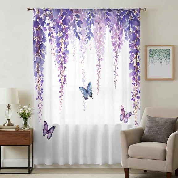 Wisteria Sheer Curtains 54 Inches Long, Purple Flowers Butterflies Vintage Spring Light Filering Curtains, Breathable Simi Curtain Privacy Drapes for Kitchen Bathroom Small Window Treatment