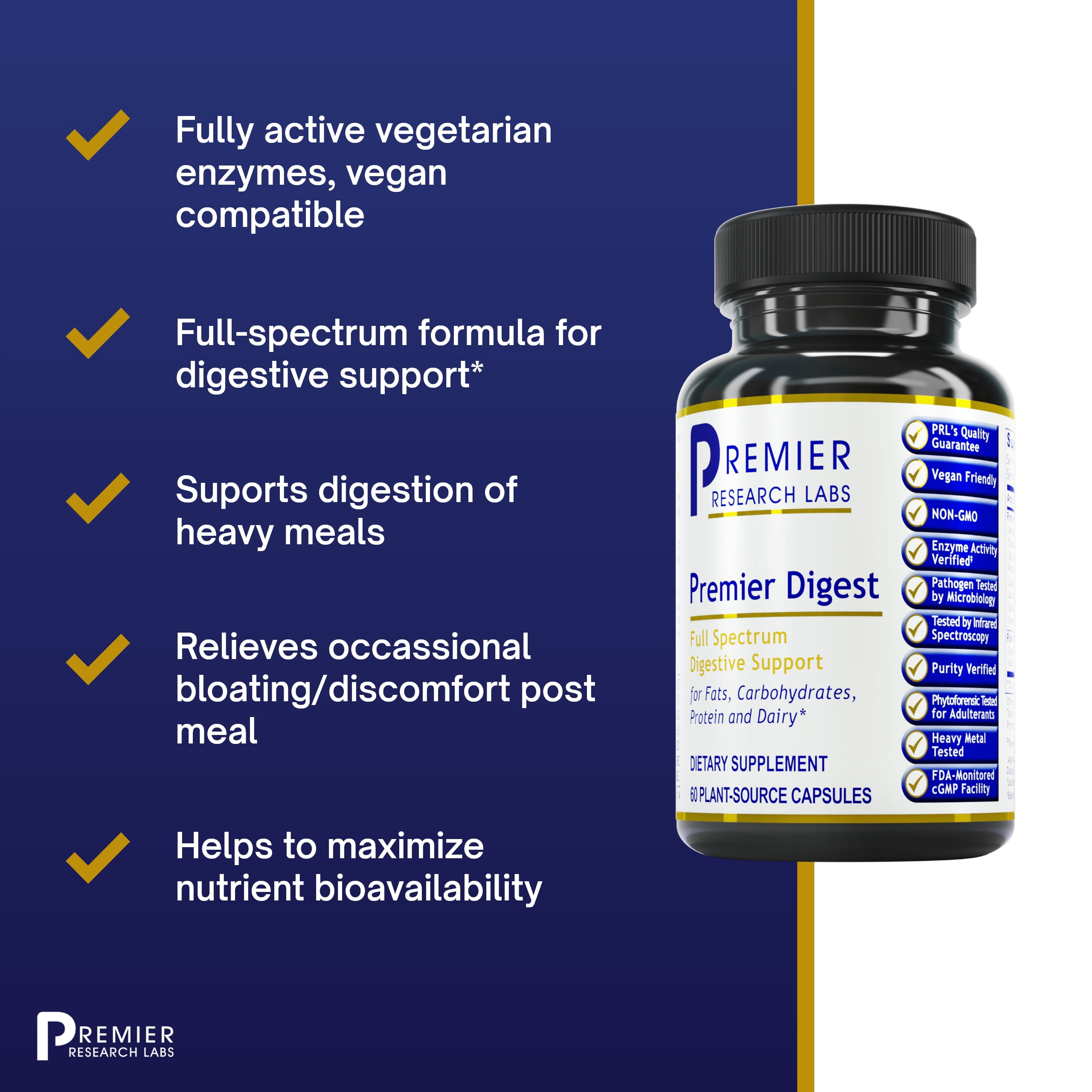 Premier Research Labs Premier Digest - Active Digestive Enzymes Supplement - Supports Digestion - With Amylase, Protease & Lipase - Vegan & Vegetarian - 60 Plant-Source Capsules