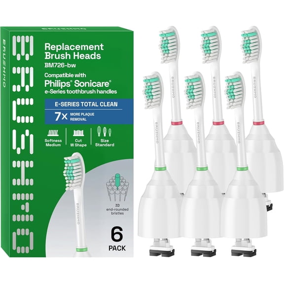 Brushmo e-Series Total Clean Replacement Toothbrush Heads Compatible with Philips Sonicare Screw-on Handles, Medium-Firm DuPont Bristles, BM726-bw, 6-Pack, White Bristles