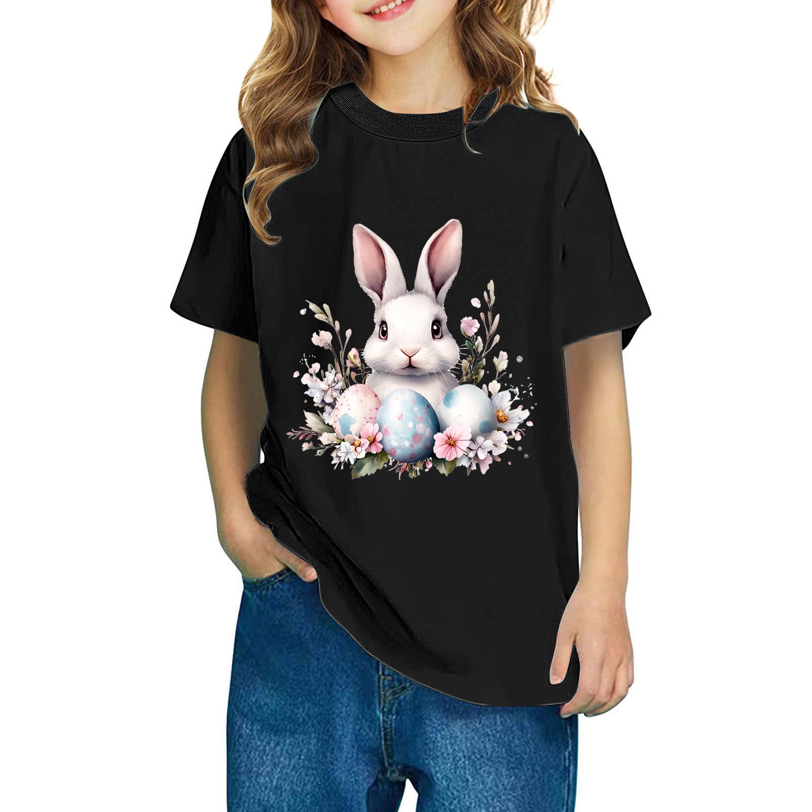 T-shirt Enfant Lapin De Pâques - 100% Polyester - Manches Courtes - Col Rond - Taille Variable