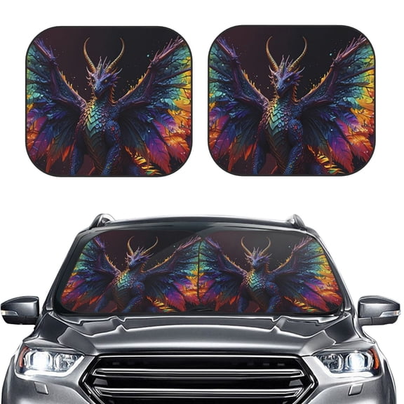 Picia Rainbow Wings Majestic Dragon 2 Piece Car Windshield Sun Shade Foldable | Foldable Sun Shield for Front Window Blocks UV Rays and Keeps Your Vehicle Cool-Small