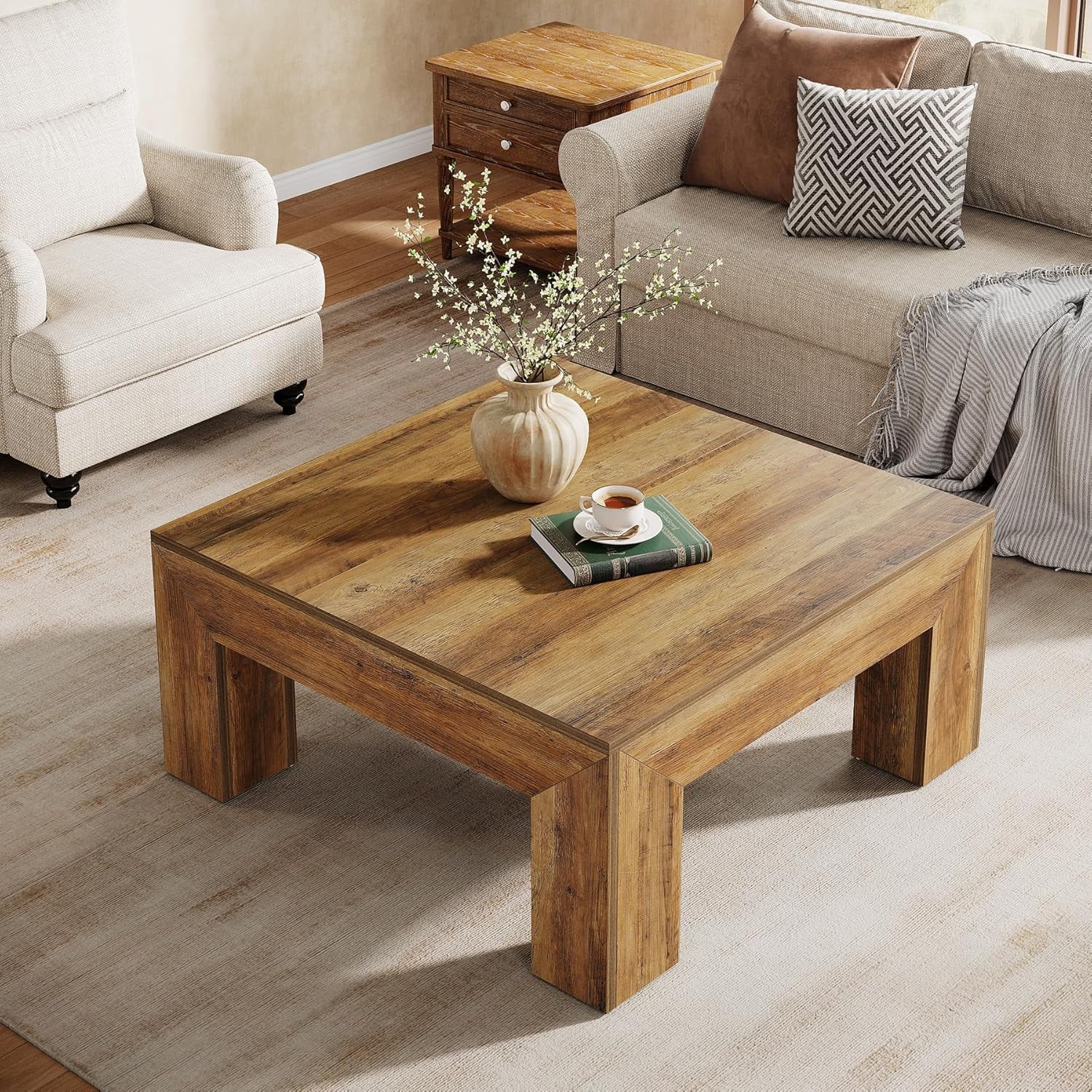 Tribesigns 39.37" Low Square Coffee Table, Farmhouse Large Tea Accent Table Center Table for Living Room(Rustic Brown)