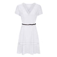 thumbnail image 4 of QUYUON Midi Dresses for Women Casual Summer Hollow Out V-Neck Short Sleeve Belted Dress Solid Color Pleated A-Line Wedding Guest Evening Party Mid-Length Dress Style D-1782 White M, 4 of 8