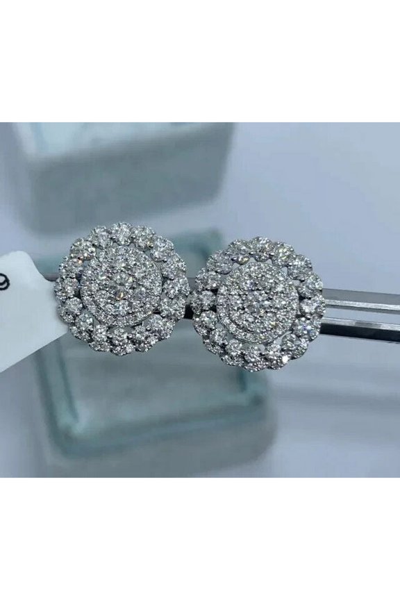 2Ct Round Cut Diamond Cluster Halo Stud Earrings 14k White Gold Finish