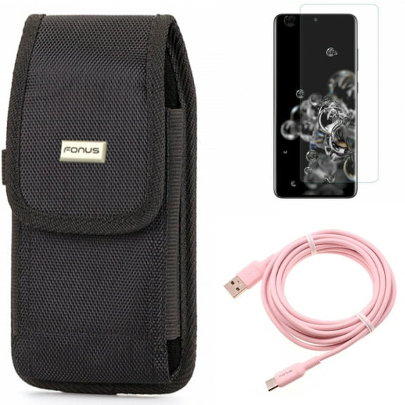 Screen Protector w Case Belt Clip w 10ft Long USB-C Cable for Samsung Galaxy S20 Ultra - Tempered Glass [Fingerprint Unlock] 3D Curved Edge, Swivel Holster Rugged, Pink Charger fits Galaxy S20 Ultra