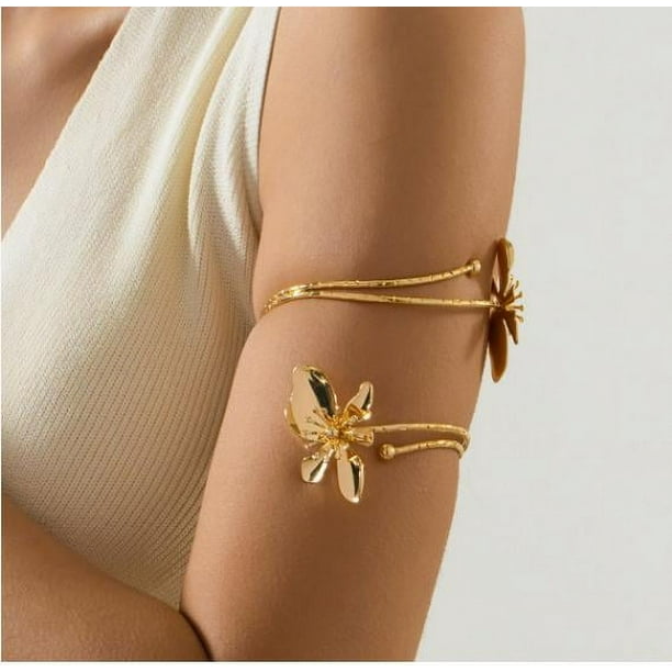 Brazalete de metal con flores de moda: elegante brazalete abierto para mujer, brazalete floral para uso diario.