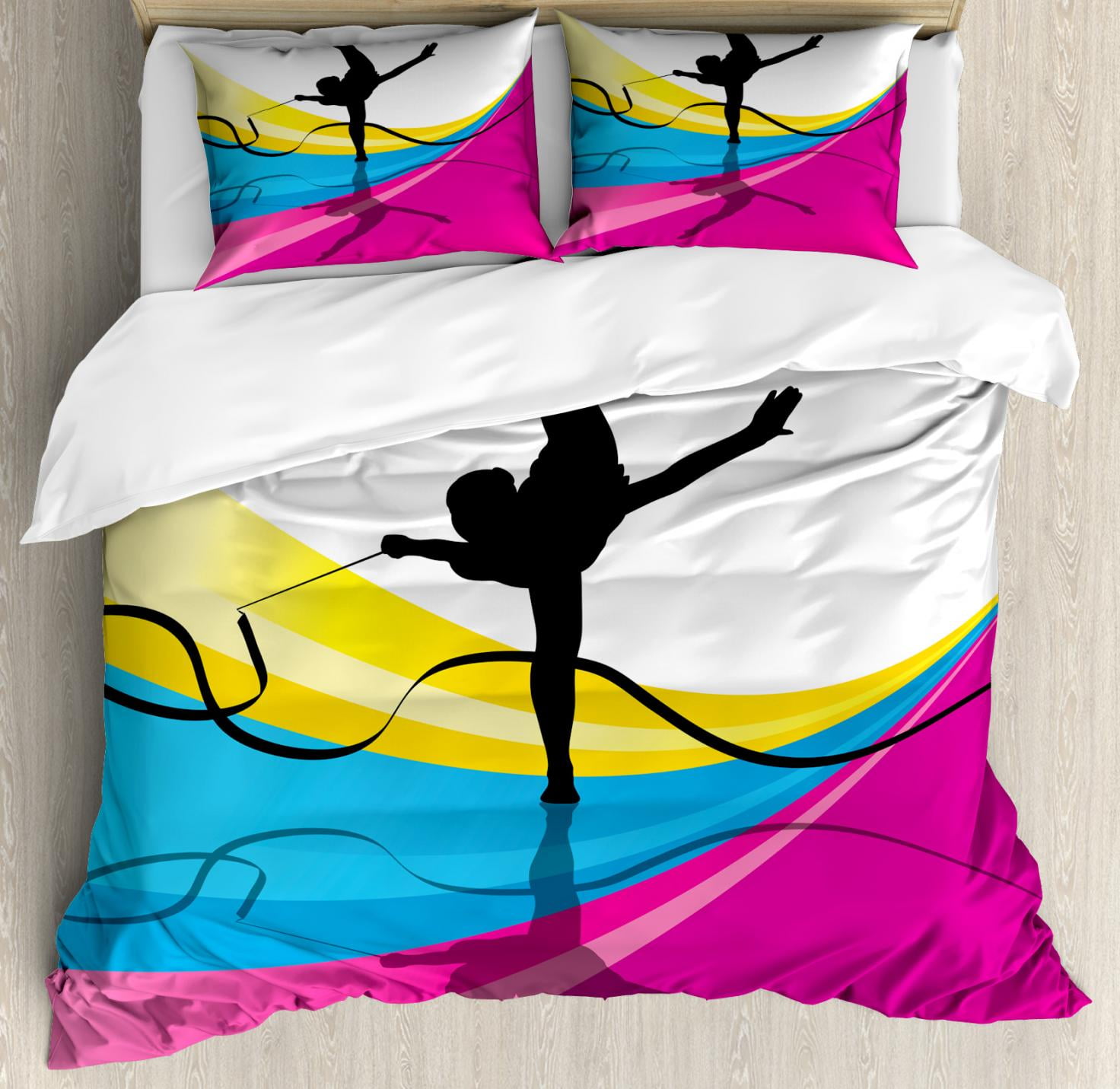 Gymnastics Duvet Cover Set Queen Size Artistic Teenager Silhouette Gymnastics Duvet Cover Set Queen Size Artistic Teenager Silhouette Ribbon Dancing On An Abstract Stripes Background Decorative 3 Piece Bedding With 2