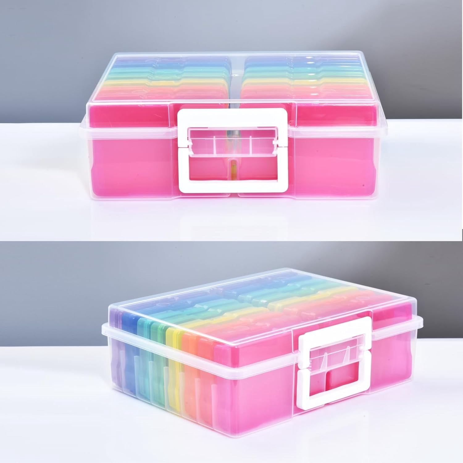Photo Storage Box with Handle, 4" x 6" Photo Organizer Storage Container with 16 Inner Case and 1 Sheet Blank Labels for Pictures, Arts, Crafts, Sewing, Seeds, Office Supplies - Colored