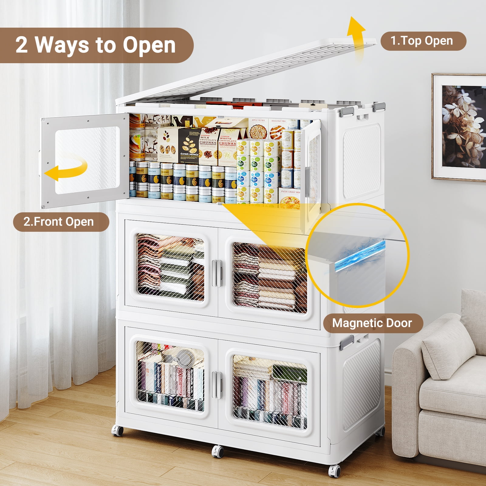 Broview 220 Qt Stackable Storage Bins with Lids , 55gal Extra Large Plastic Storage Drawers, Collapsable Storage Organizer with Front Opening Door, Closet Organizers and Storage 6 Wheels