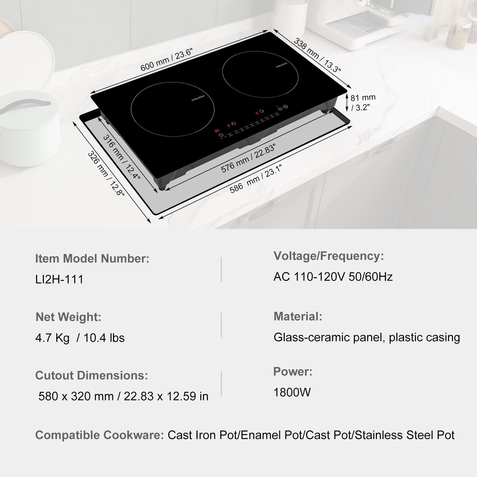 24-Inch double-head embedded induction cooker 1800W 9-speed firepower LED touch screen, child lock overheating protection