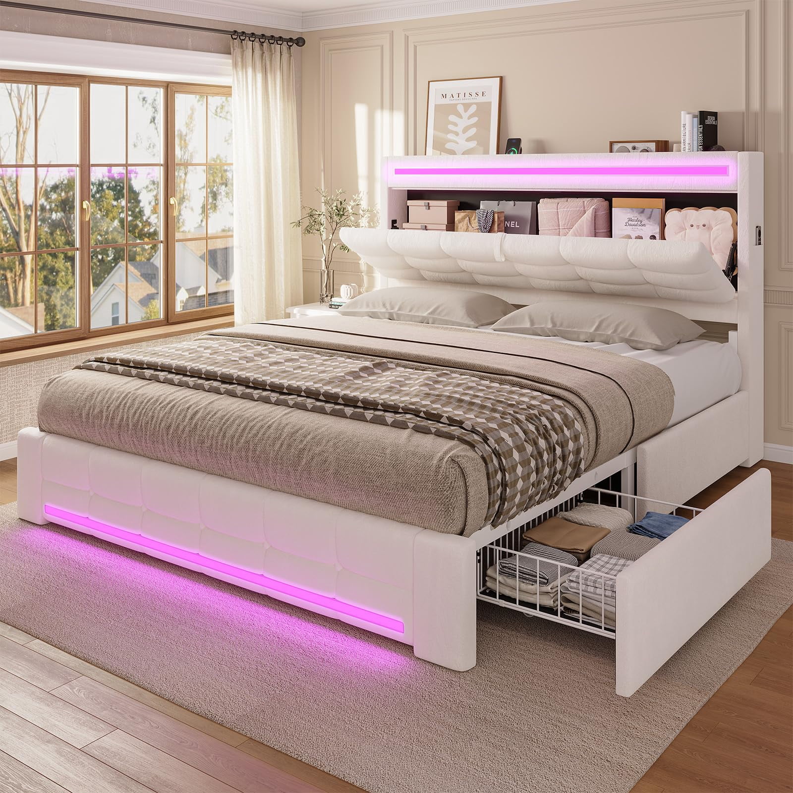 Amuzer Queen Bed Frame with Storage Headboard & 4 Drawers, LED Light,Charging Station, Leather Upholstered Platform Bed Frame with Button Tufted, No Box Spring Needed, White PU