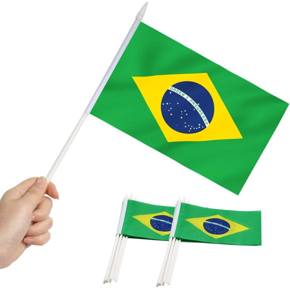 Anley Brazil Mini Flag 12 Pack - Hand Held Small Miniature Brazilian Flags on Stick - 5x8 Inch with Solid Pole & Spear Top