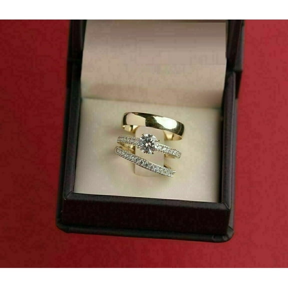 14K Yellow Gold Plated 2 Ct Round Cut Simulated Diamond His Her Engagement Trio Ring Set