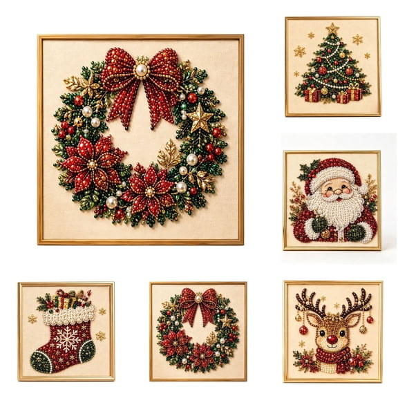 huayou Xmas 9.84x9.84 inch Christmas Wreath Bead Diamond Painting Kit, Pearl Inlaid Framed Wall Art, Decoration for Mantel, Side Wall