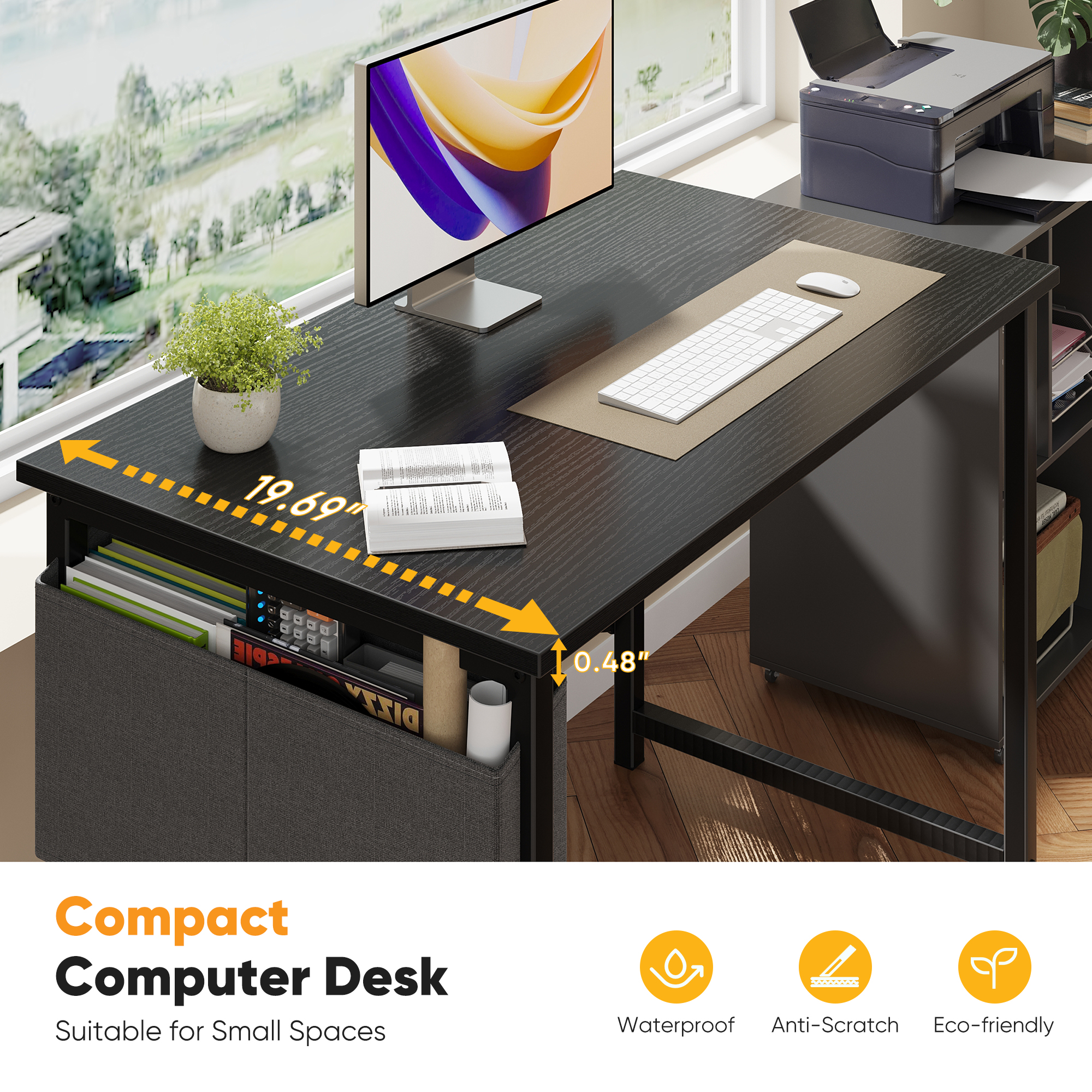 JIOABL 31 inch Computer Desk with Metal Frame and Storage Pouch, Fixed Leg Study Table for Bedroom Office, Black