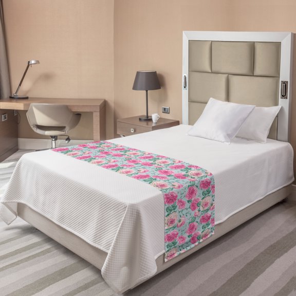 Vintage Rose Bed Runner, Grungy Look Flower Arrangement, Decorative Accent Bedding Scarf for Hotels Homes and Guestrooms, Twin, Pale Blue Pink, by Ambesonne